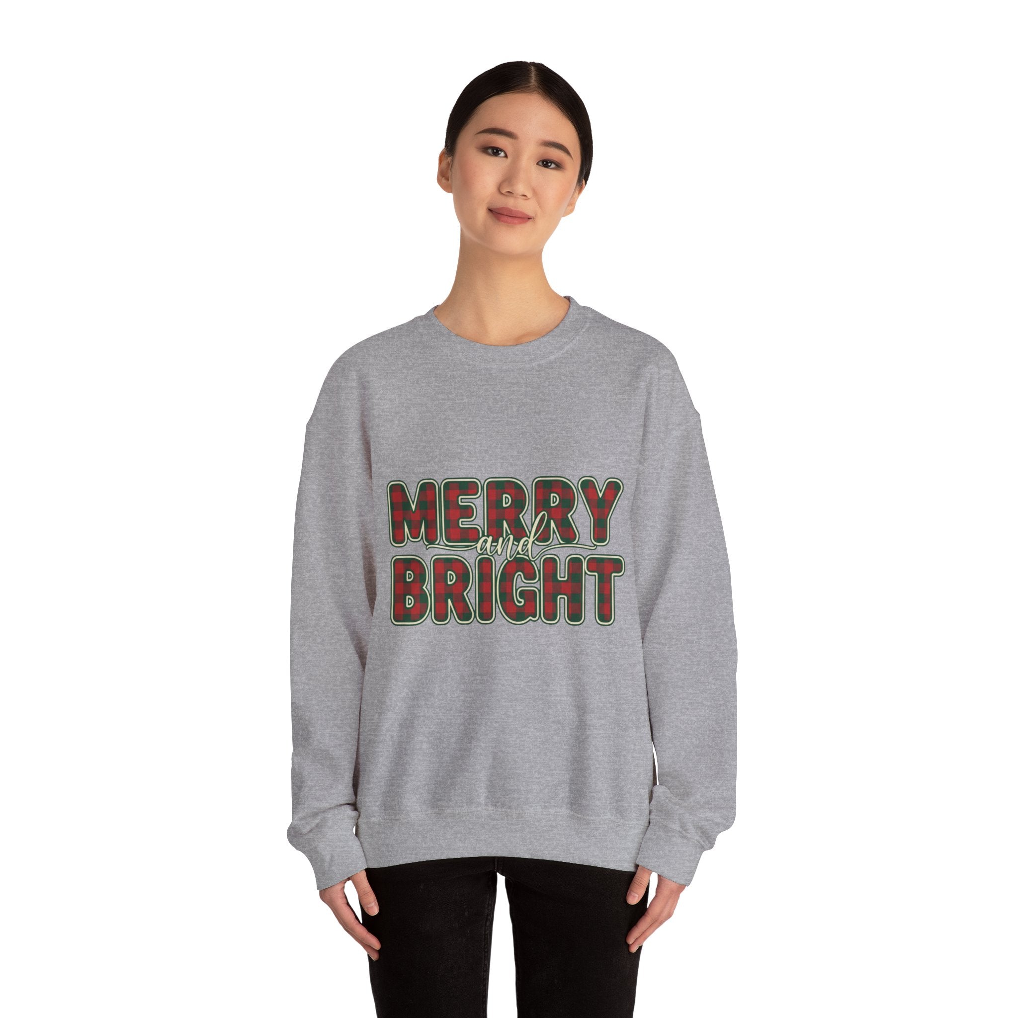 Merry and Bright Womens Christmas Sweatshirt - Plaid Letters