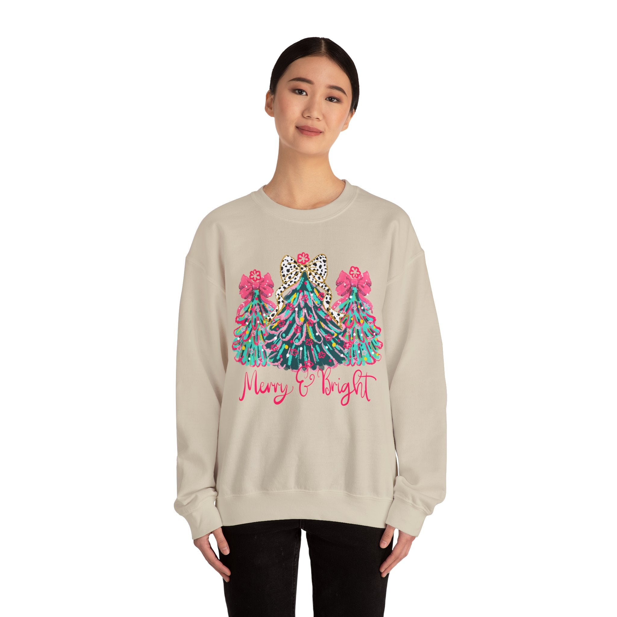 Merry & Bright Christmas Trees Sweatshirt | Womens Crewneck Holiday Christmas Sweater