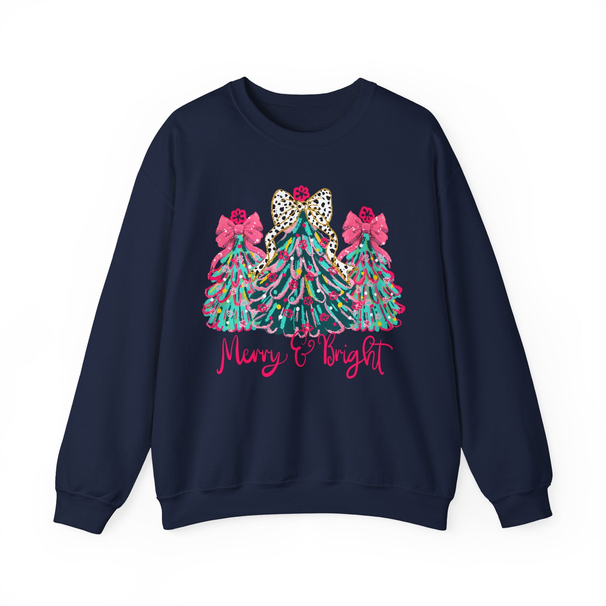 Merry & Bright Christmas Trees Sweatshirt | Womens Crewneck Holiday Christmas Sweater