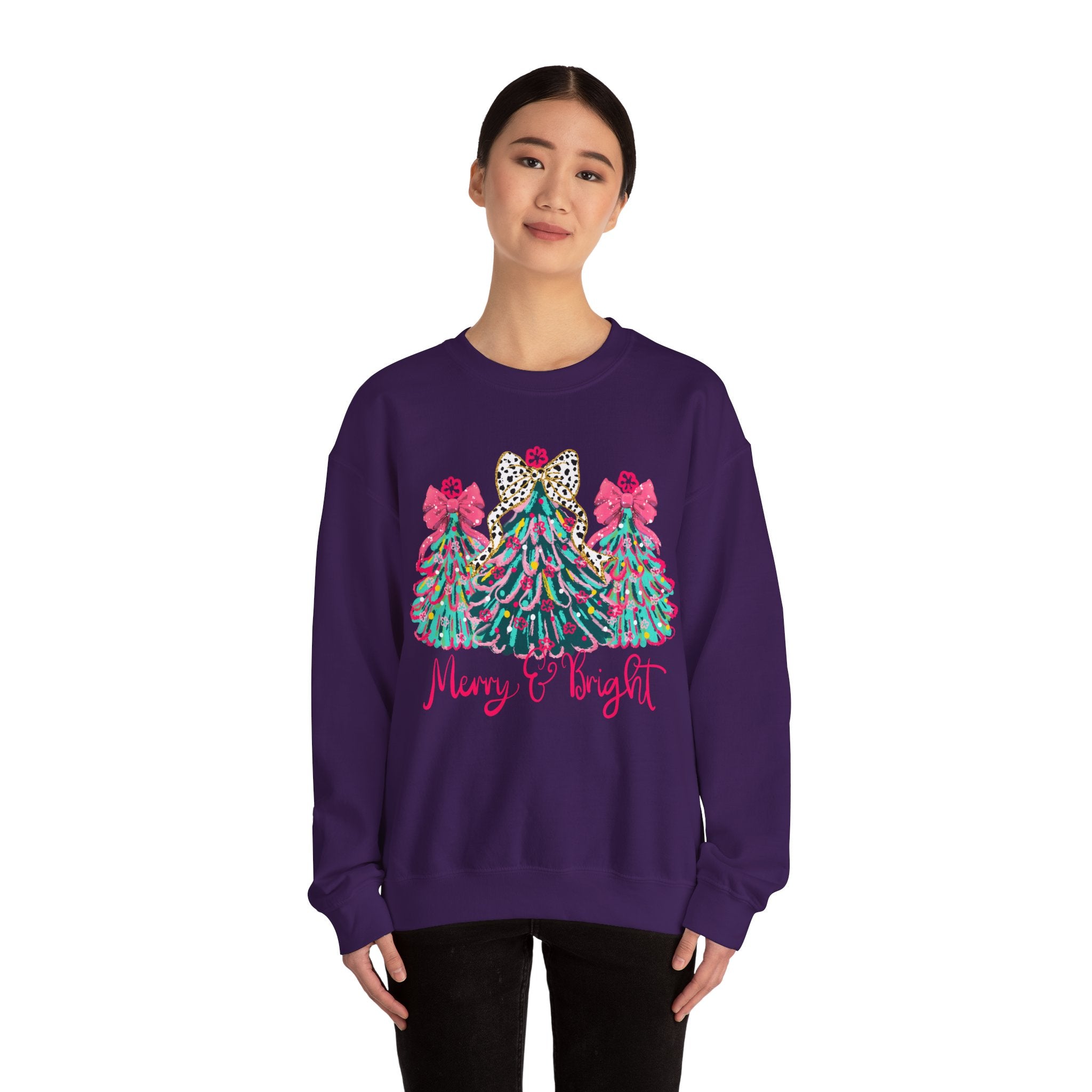 Merry & Bright Christmas Trees Sweatshirt | Womens Crewneck Holiday Christmas Sweater