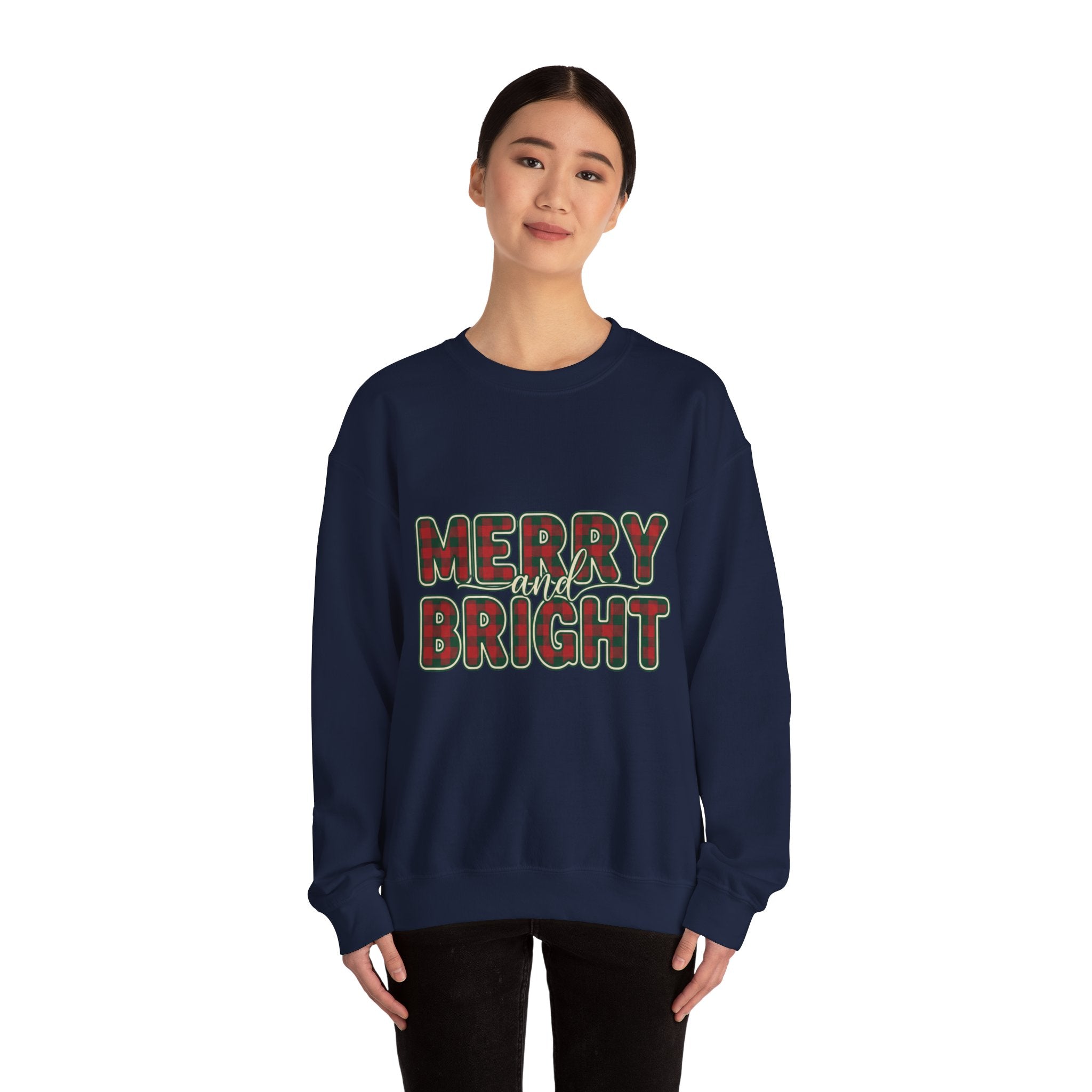 Merry and Bright Womens Christmas Sweatshirt - Plaid Letters