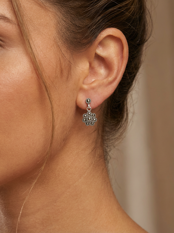 925 Sterling Silver Marcasite Flower Drop Earrings