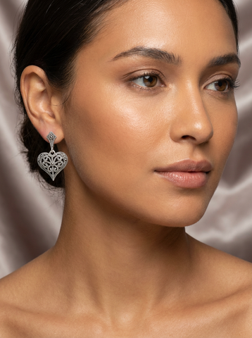 925 Sterling Silver Marcasite Heart Drop Earrings – Vintage Filigree Design