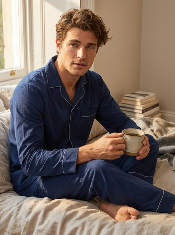 Mens Cotton Woven Double Layer Soft Pajama Sleepwear Set