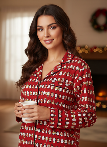 Flannel People Women Pajamas Set - 100% Cotton Flannel Pajamas Women Warm PJs Set - Penguins Red