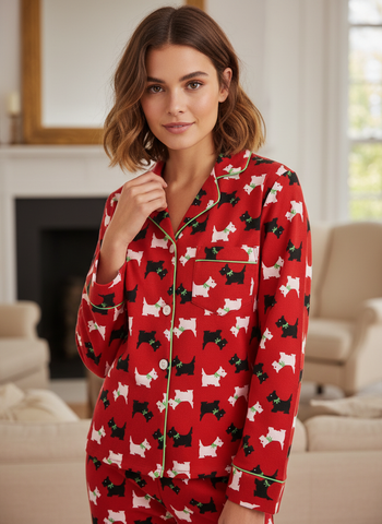 Flannel People Women Pajamas Set - 100% Cotton Flannel Pajamas Women Warm PJs Set - Scottie Dog - Red