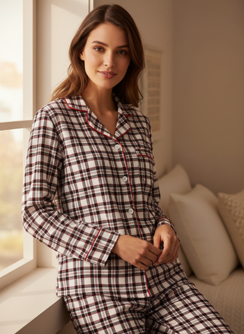 Womens 100% Cotton Lightweight Flannel Pajama Sleepwear Set