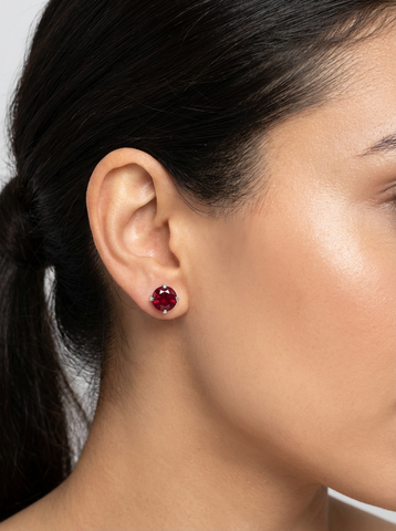 6 Carat Ruby Red CZ Stud Earrings – 9.5mm Round Solitaire Earrings in Rhodium Plated Setting