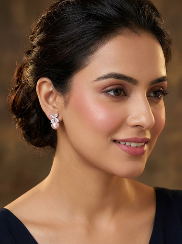 Rhodium Plated CZ & Pink Simulated Pearl Stud Earrings – Bridal Flower Drop Earrings