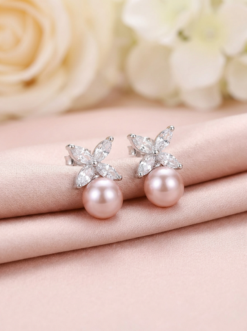 Rhodium Plated CZ & Pink Simulated Pearl Stud Earrings – Bridal Flower Drop Earrings