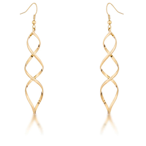 18K Goldtone Twisted Helix Drop Earrings – Long 3.3" Dangle, Lead-Free Brass, Genuine Gold Finish