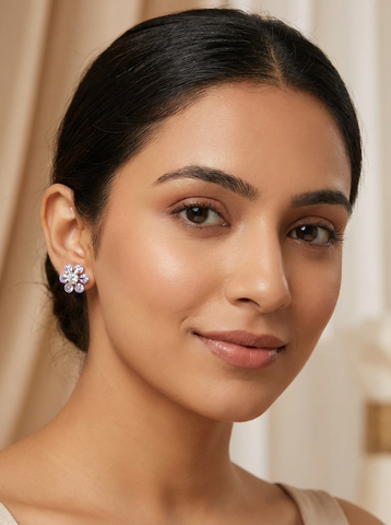 Rhodium Plated CZ Flower Stud Earrings – Sparkling Daisy Crystal Earrings