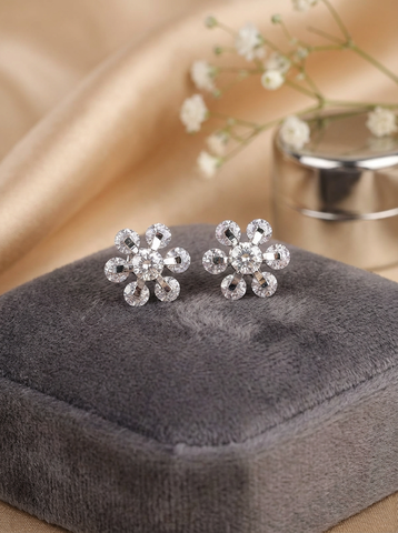 Rhodium Plated CZ Flower Stud Earrings – Sparkling Daisy Crystal Earrings