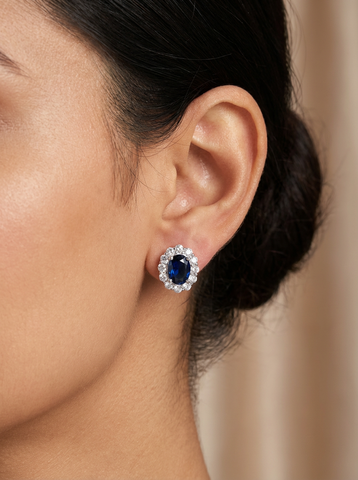 Rhodium Plated Blue Oval Halo CZ Stud Earrings – Classic 2.2ct Bridal Earrings