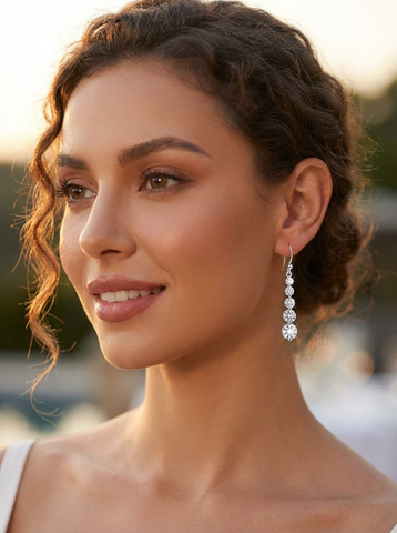 Rhodium Plated Long CZ Drop Earrings – Elegant Five-Stone Dangle Earrings in Silvertone