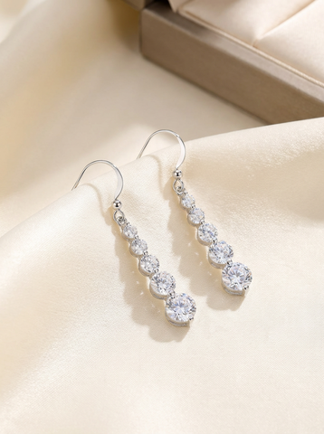 Rhodium Plated Long CZ Drop Earrings – Elegant Five-Stone Dangle Earrings in Silvertone