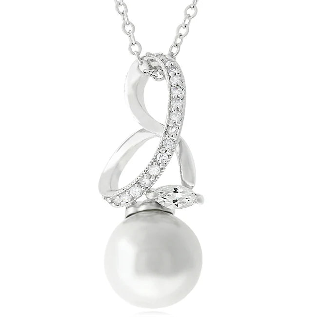 Rhodium Plated Infinity Pearl Pendant – 12mm Simulated Pearl & CZ Drop, 31mm