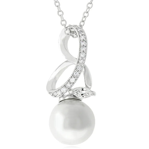 Rhodium Plated Infinity Pearl Pendant – 12mm Simulated Pearl & CZ Drop, 31mm