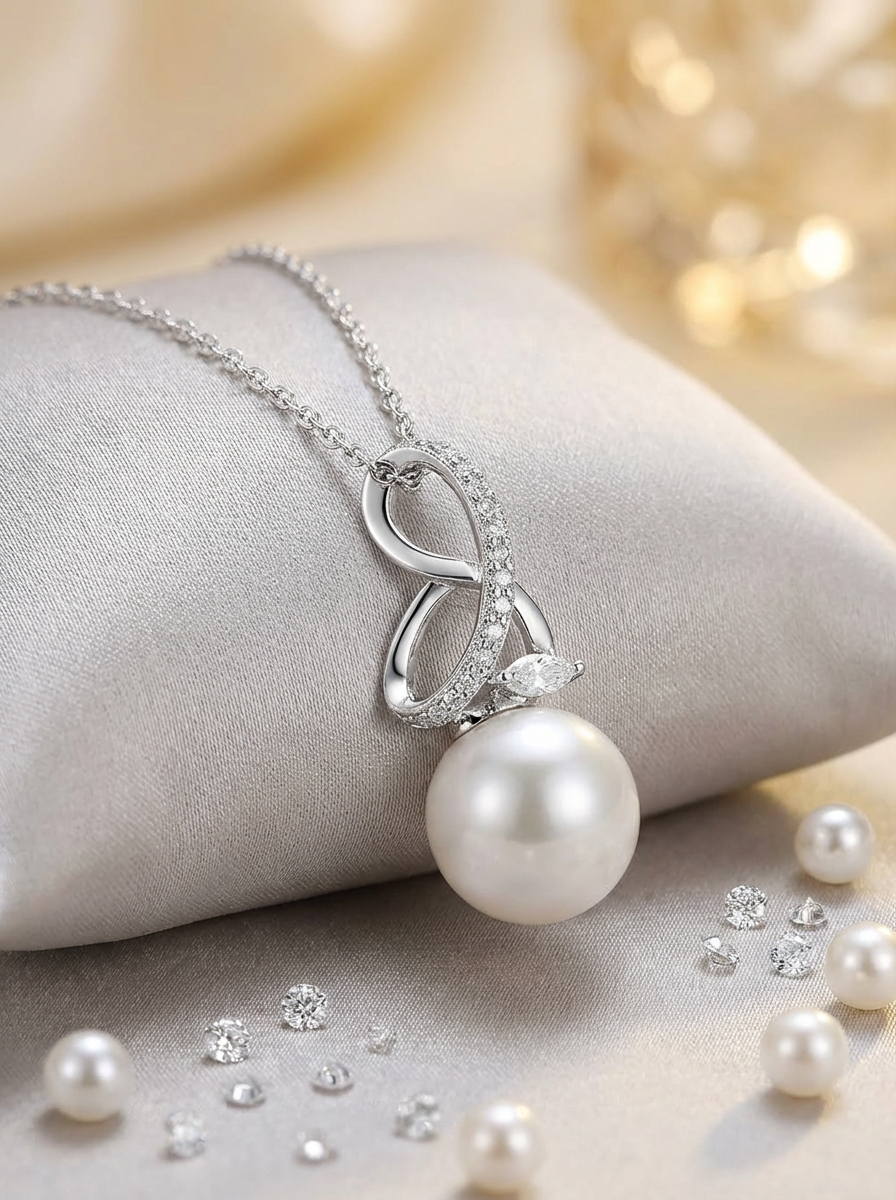 Rhodium Plated Infinity Pearl Pendant – 12mm Simulated Pearl & CZ Drop, 31mm