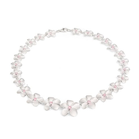 925 Sterling Silver Plumeria Necklace – Rhodium Plated Flowers with Pink CZ Centers, Hawaiian Statement Necklace