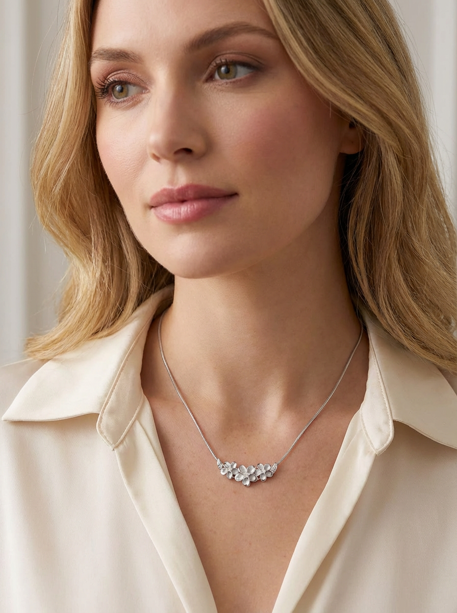 925 Sterling Silver Plumeria Slider Pendant – Rhodium Plated CZ Flowers