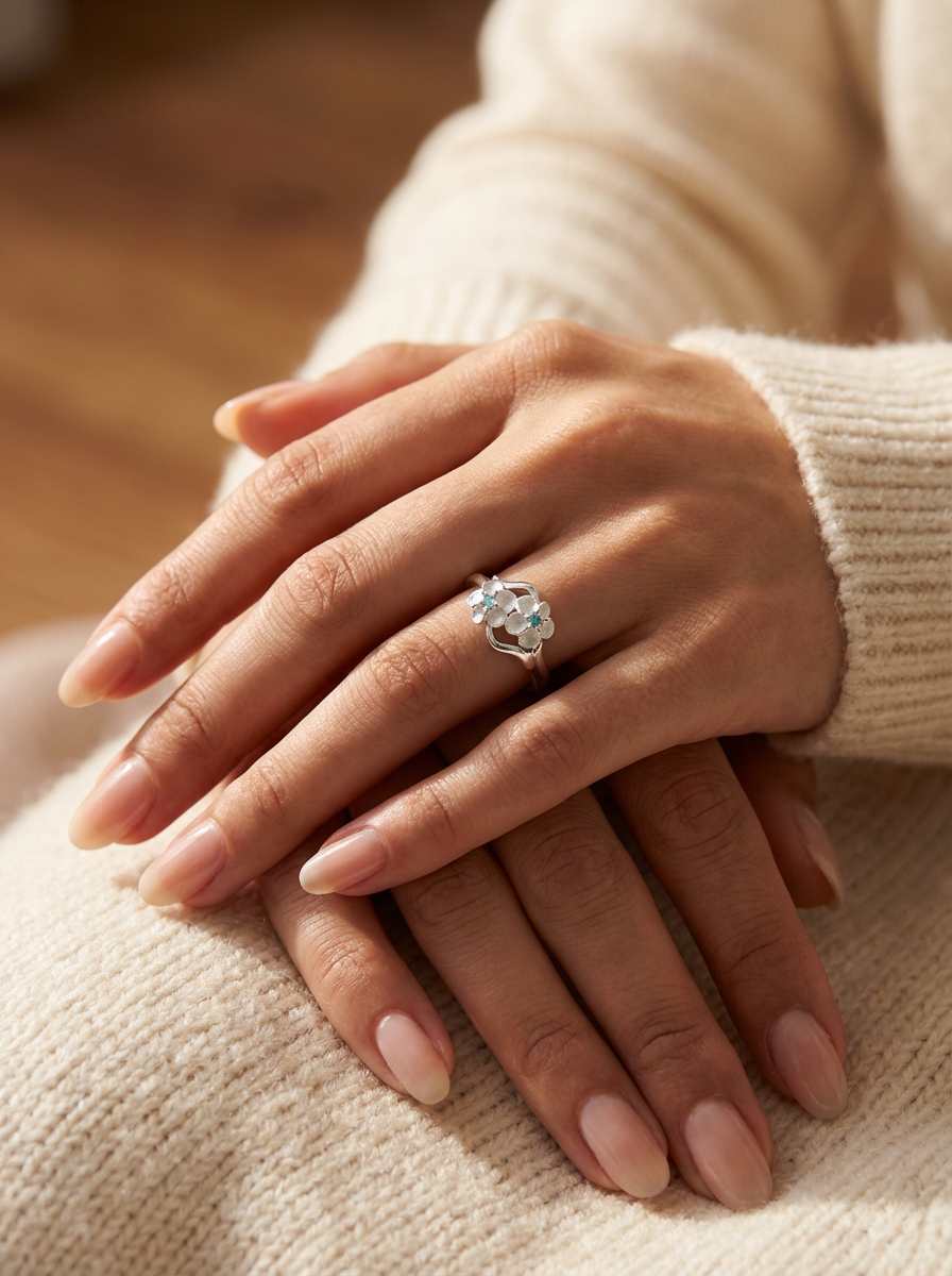 925 Sterling Silver Plumeria Ring with Blue CZ – Delicate Hawaiian Flower Band