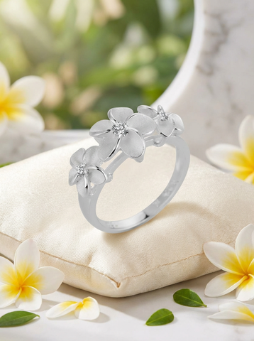 925 Sterling Silver Triple Plumeria Ring – CZ Flower Band, Hallmarked 925