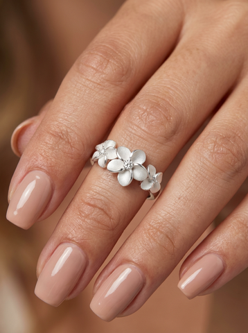 925 Sterling Silver Triple Plumeria Ring – CZ Flower Band, Hallmarked 925