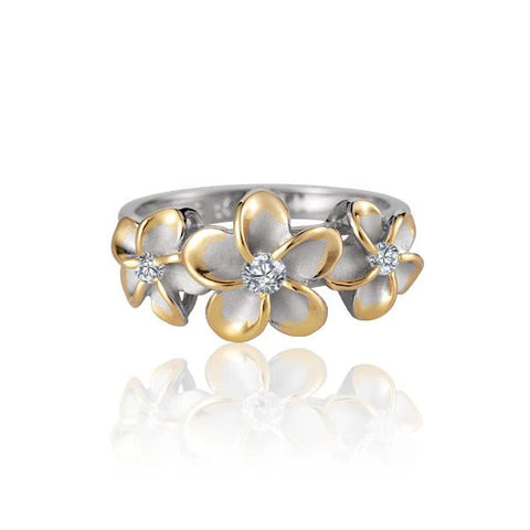 925 Sterling Silver Triple Plumeria Ring – Rhodium Plated with Yellow Gold Accents with CZ Centers