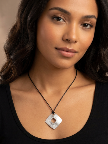 925 Sterling Silver Square Pendant Necklace on Black Cotton Cord – Matte Silver Finish