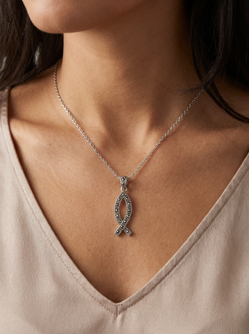 925 Sterling Silver Marcasite Fish Pendant – Elegant Ichthus Design