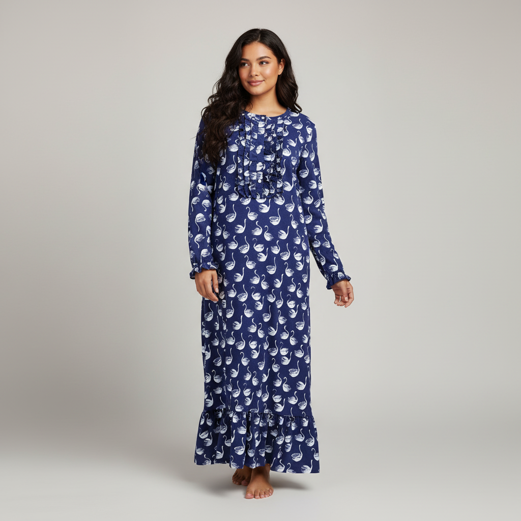 Women's Premium Flannel Long Gown - Swan Navy White