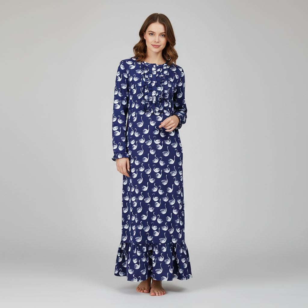 Women's Premium Flannel Long Gown - Swan Navy White
