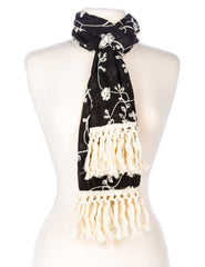 Embroidered Vine Scarf with Tassles