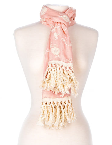 Embroidered Vine Scarf with Tassles