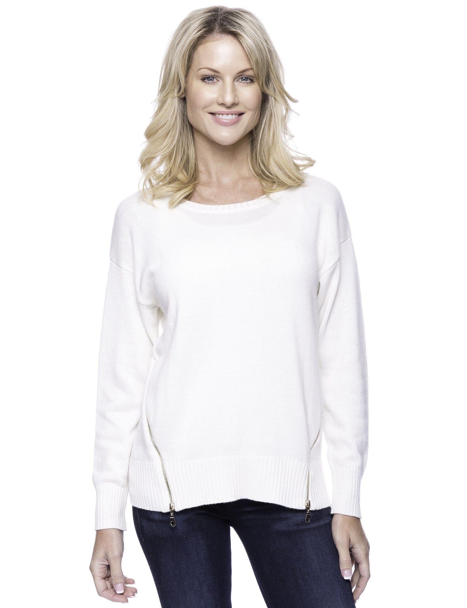 Box-Packaged Tocco Reale Women's Cashmere Blend Crew Neck Sweater with Side Zip