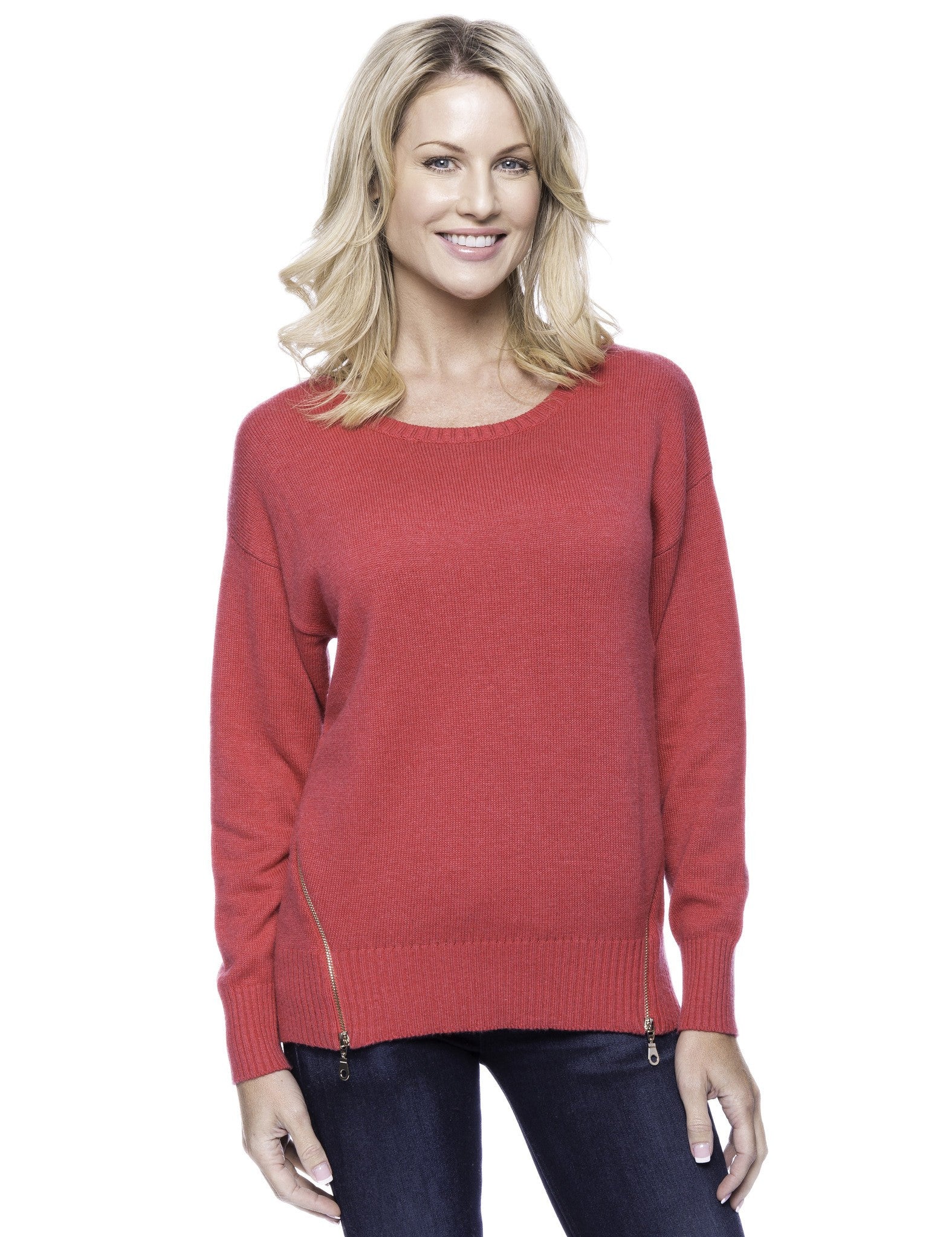 Box-Packaged Tocco Reale Women's Cashmere Blend Crew Neck Sweater with Side Zip