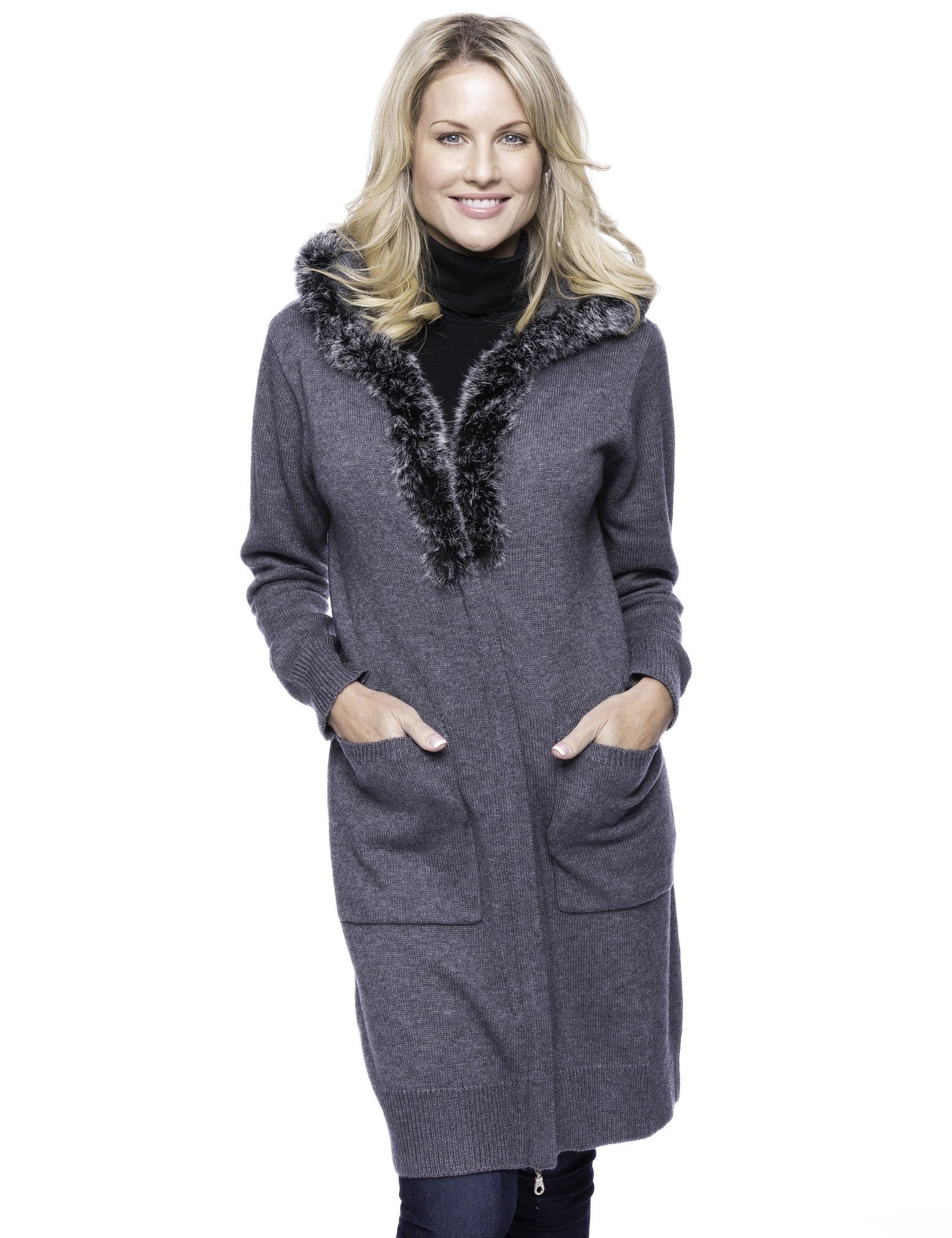 Box-Packaged Tocco Reale Women's Wool Blend Zip Cardigan with Fur Trim Hood