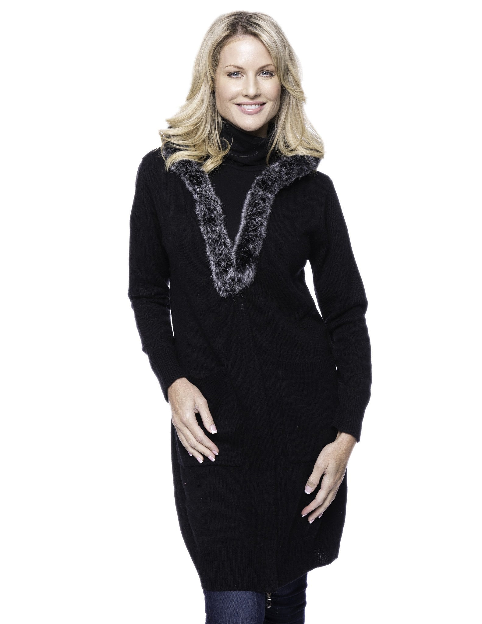 Box-Packaged Tocco Reale Women's Wool Blend Zip Cardigan with Fur Trim Hood