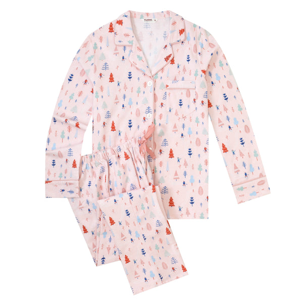 Flannel People Women Pajamas Set - 100% Cotton Flannel Pajamas Women Warm PJs Set - Winter Skis - Pink