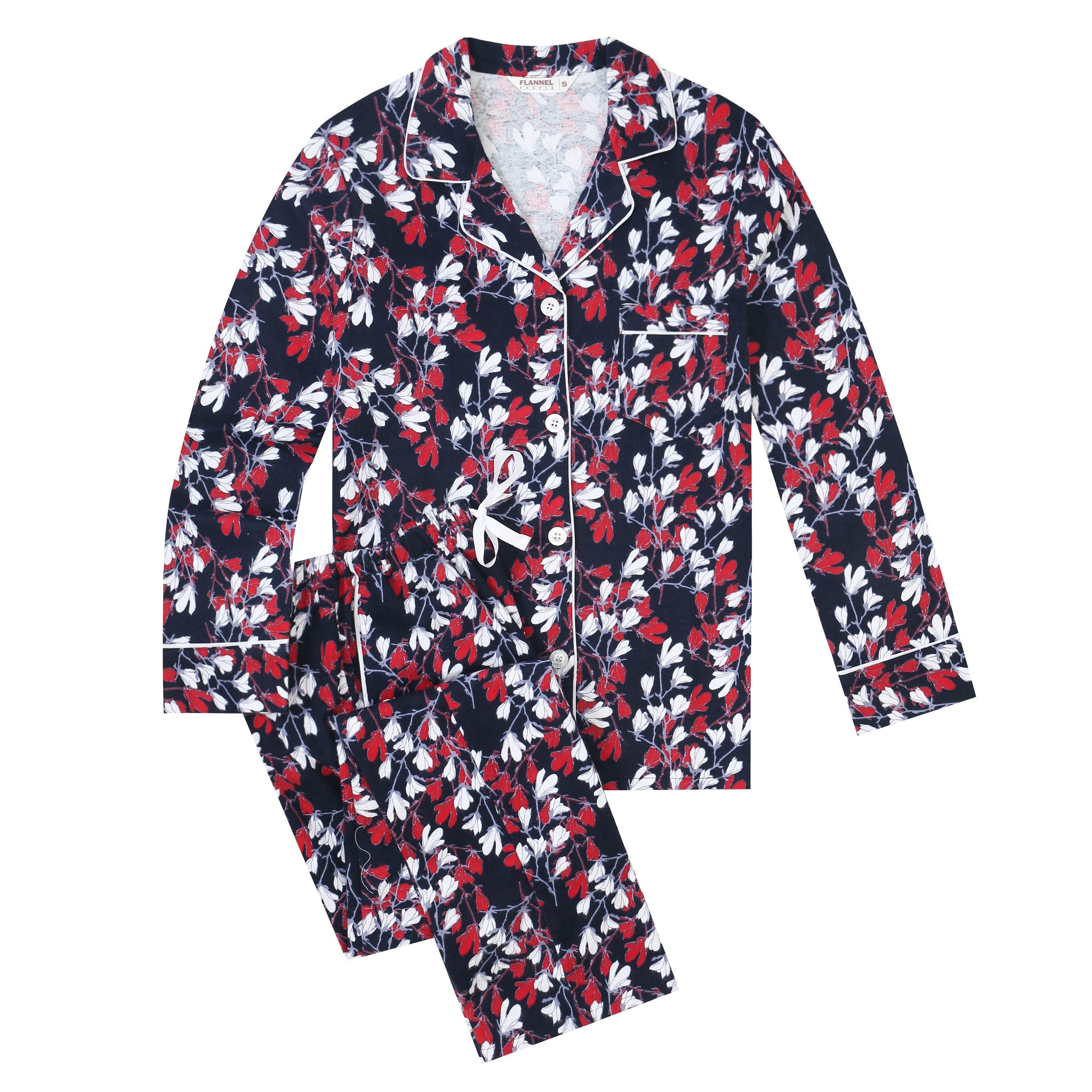 Flannel People Women Pajamas Set - 100% Cotton Flannel Pajamas Women Warm PJs Set - Magnolia - Navy-Red
