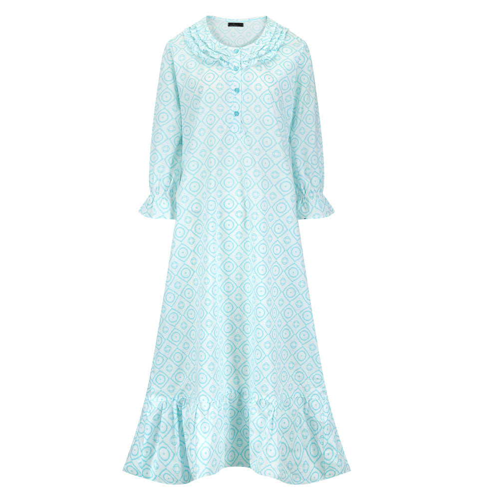 Women's Cotton Poplin Mid-Calf Gown - Dots Diva Aqua-White - Small