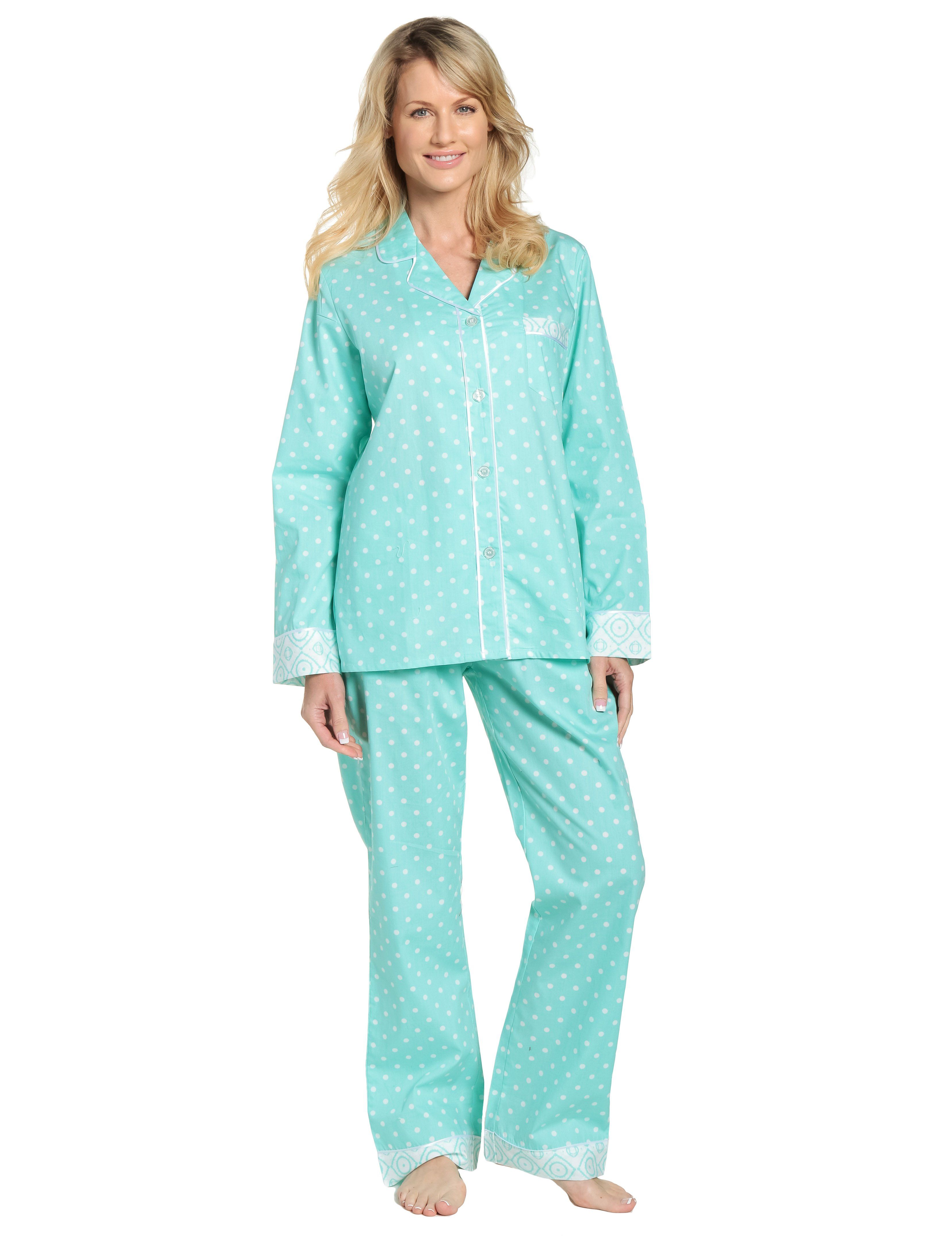 Womens Premium 100% Cotton Poplin Pajama Set with Contrast Cuffs