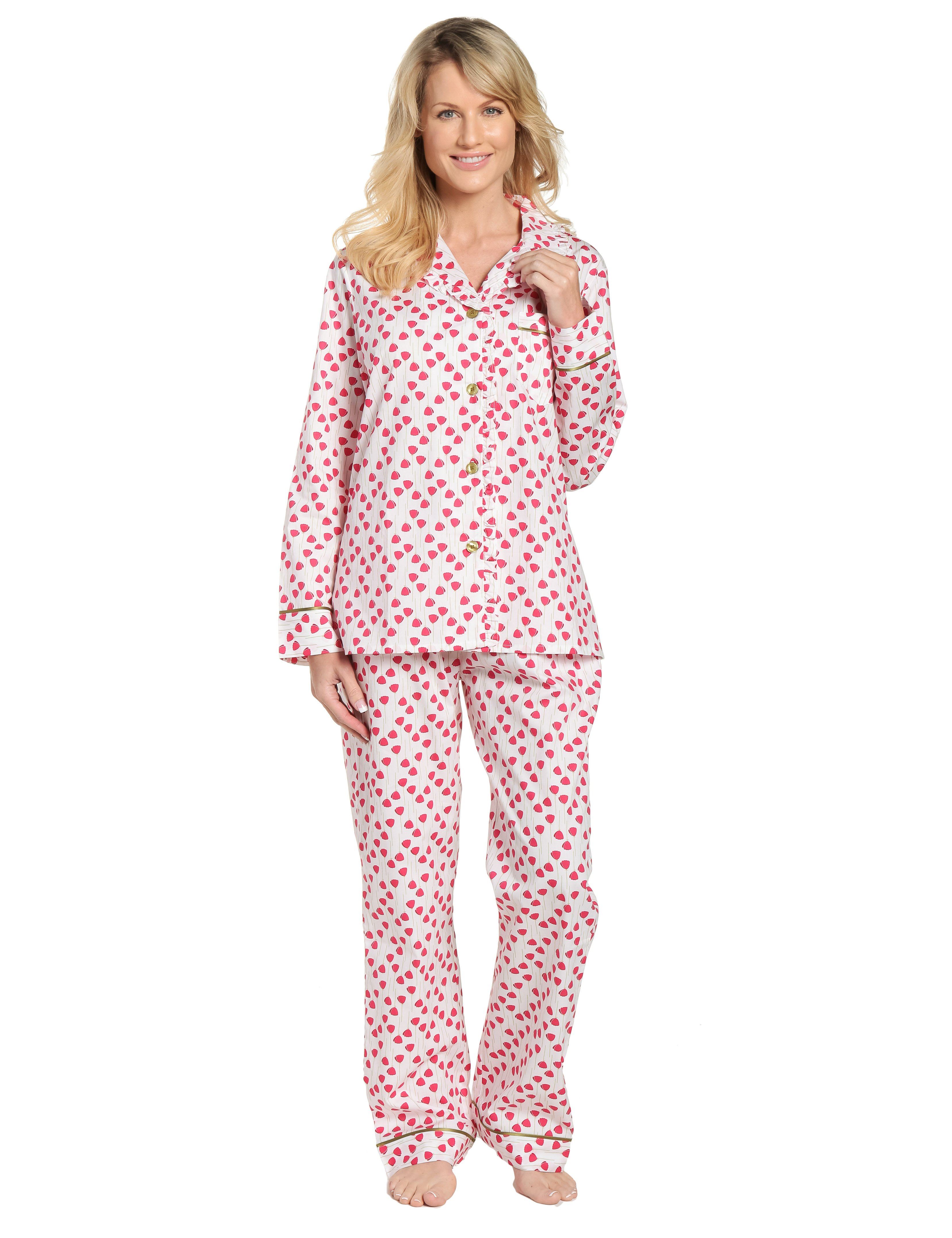 Womens Premium 100% Cotton Poplin Pajama Set with Ruffles