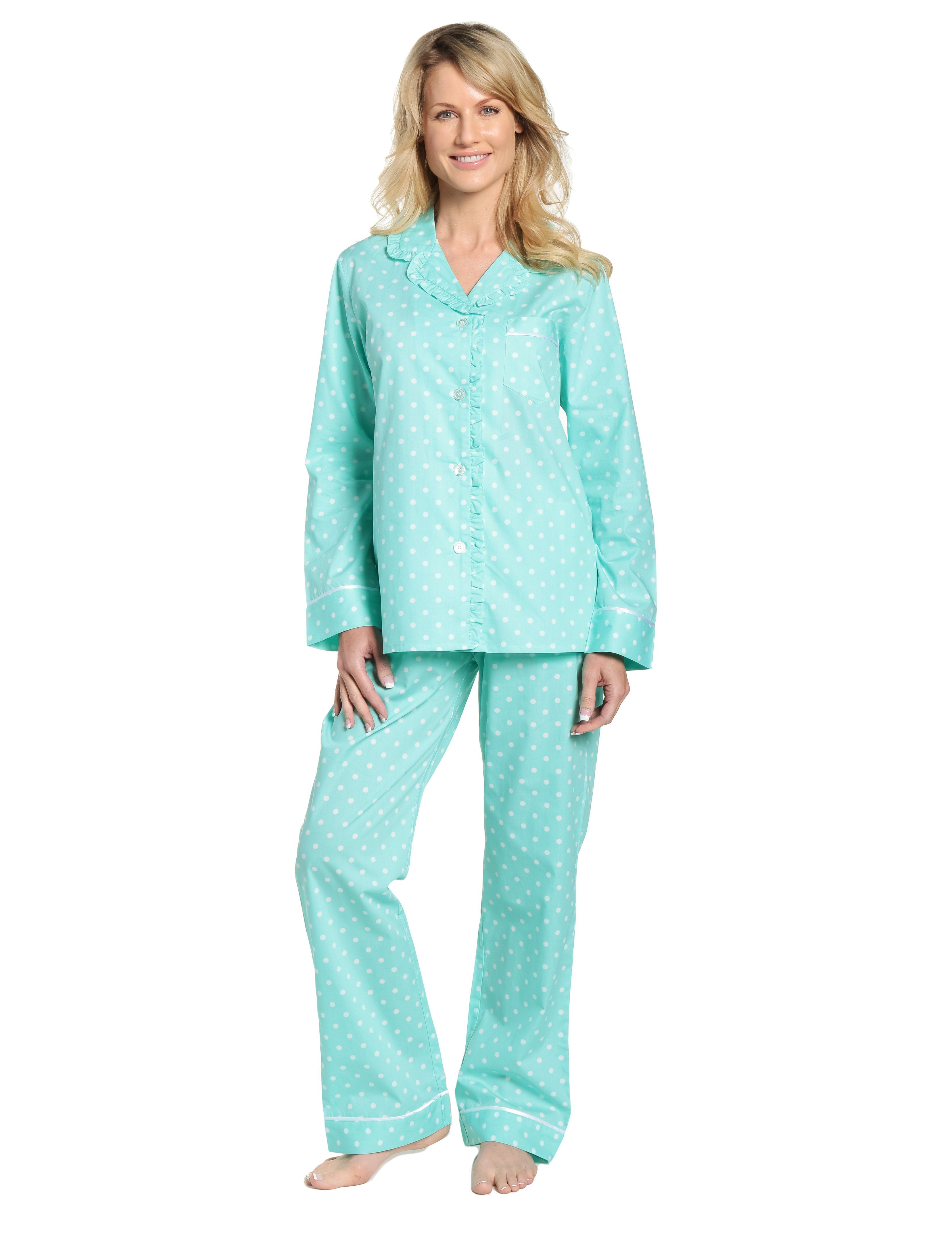 Womens Premium 100% Cotton Poplin Pajama Set with Ruffles