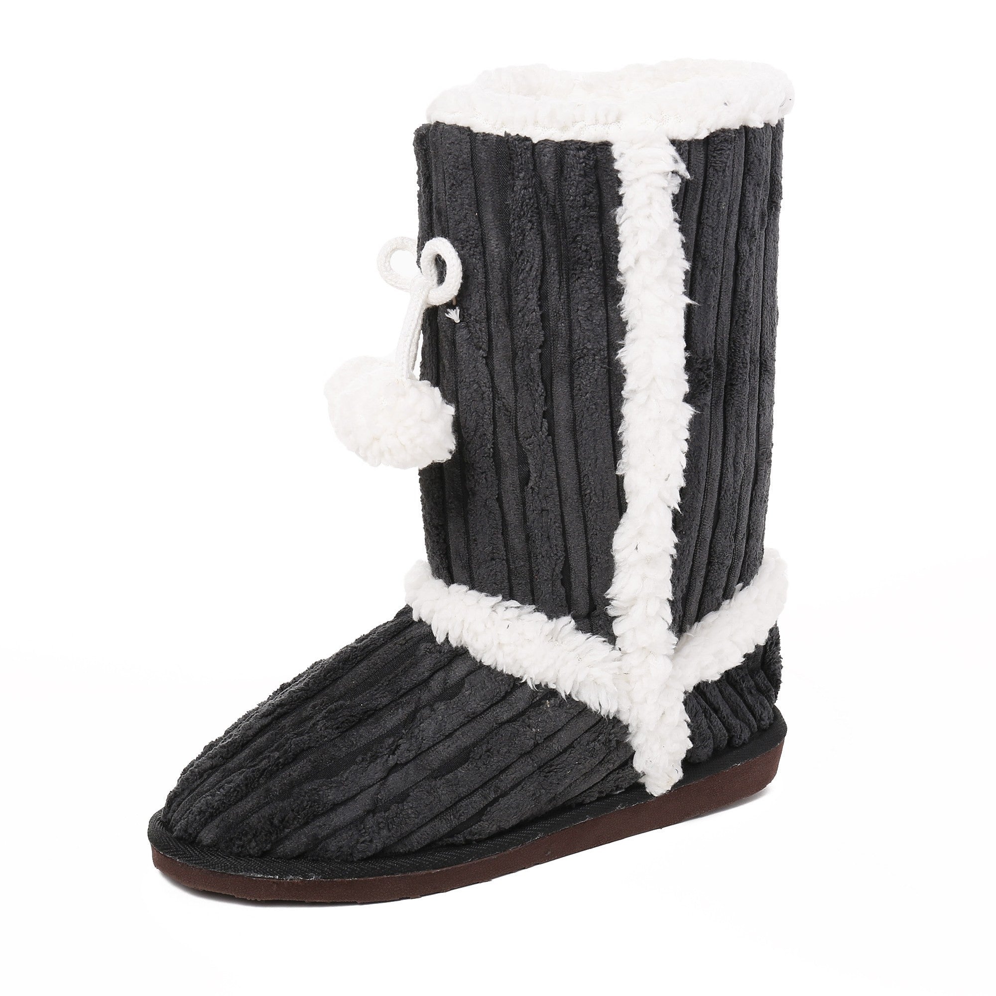 Women's Textured Shearling Tall Boot Slipper with Pom Detail