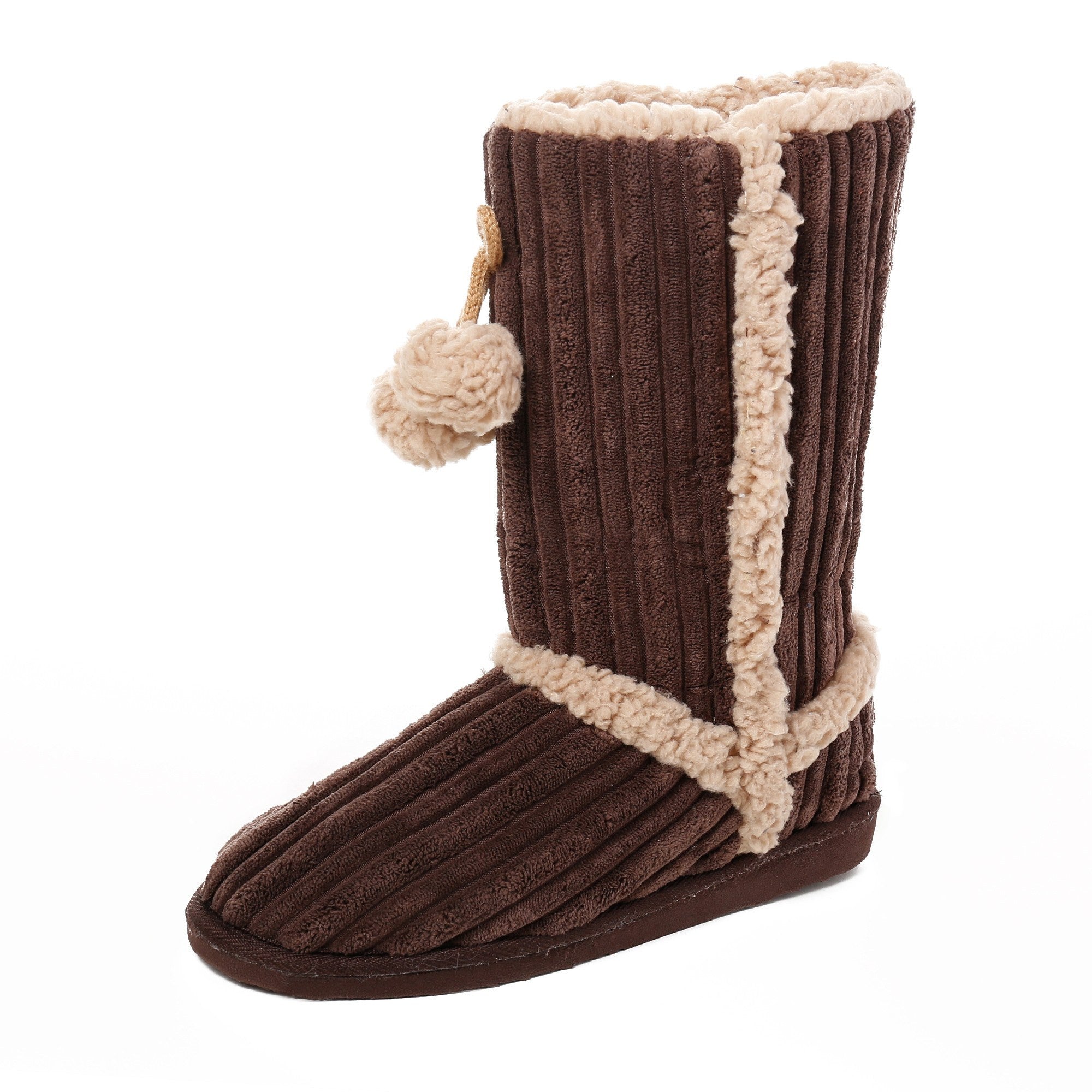 Women's Textured Shearling Tall Boot Slipper with Pom Detail