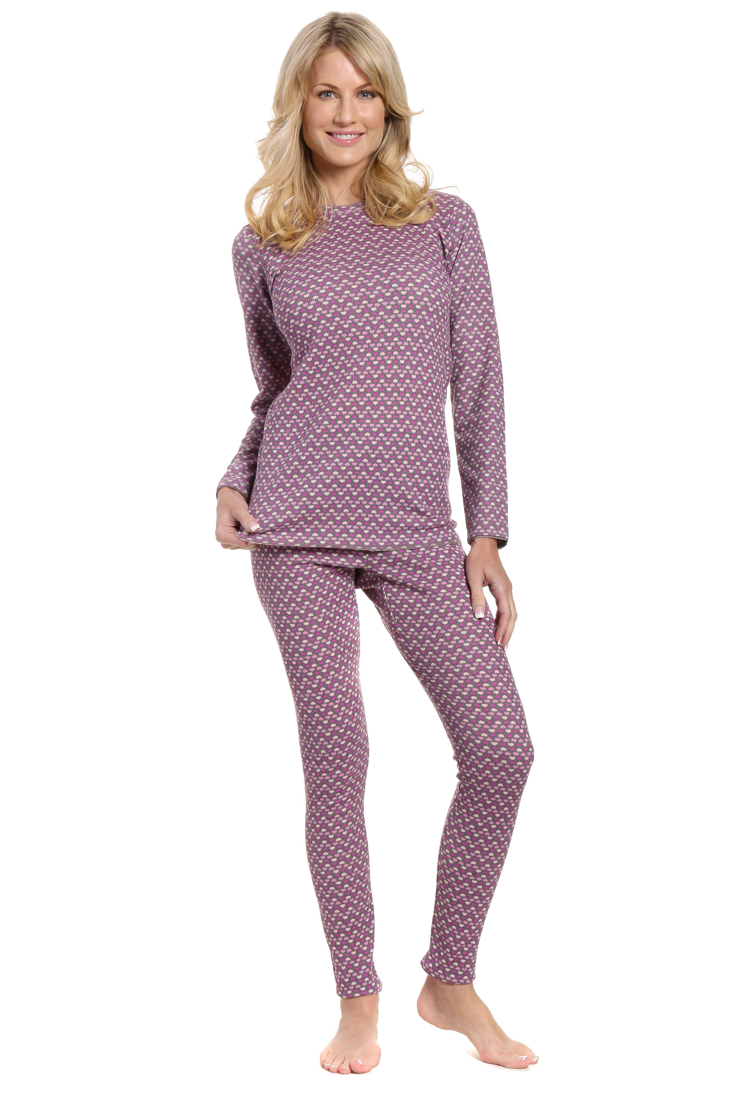 Womens Printed Extreme Cold Waffle Knit Thermal Top and Bottom Set