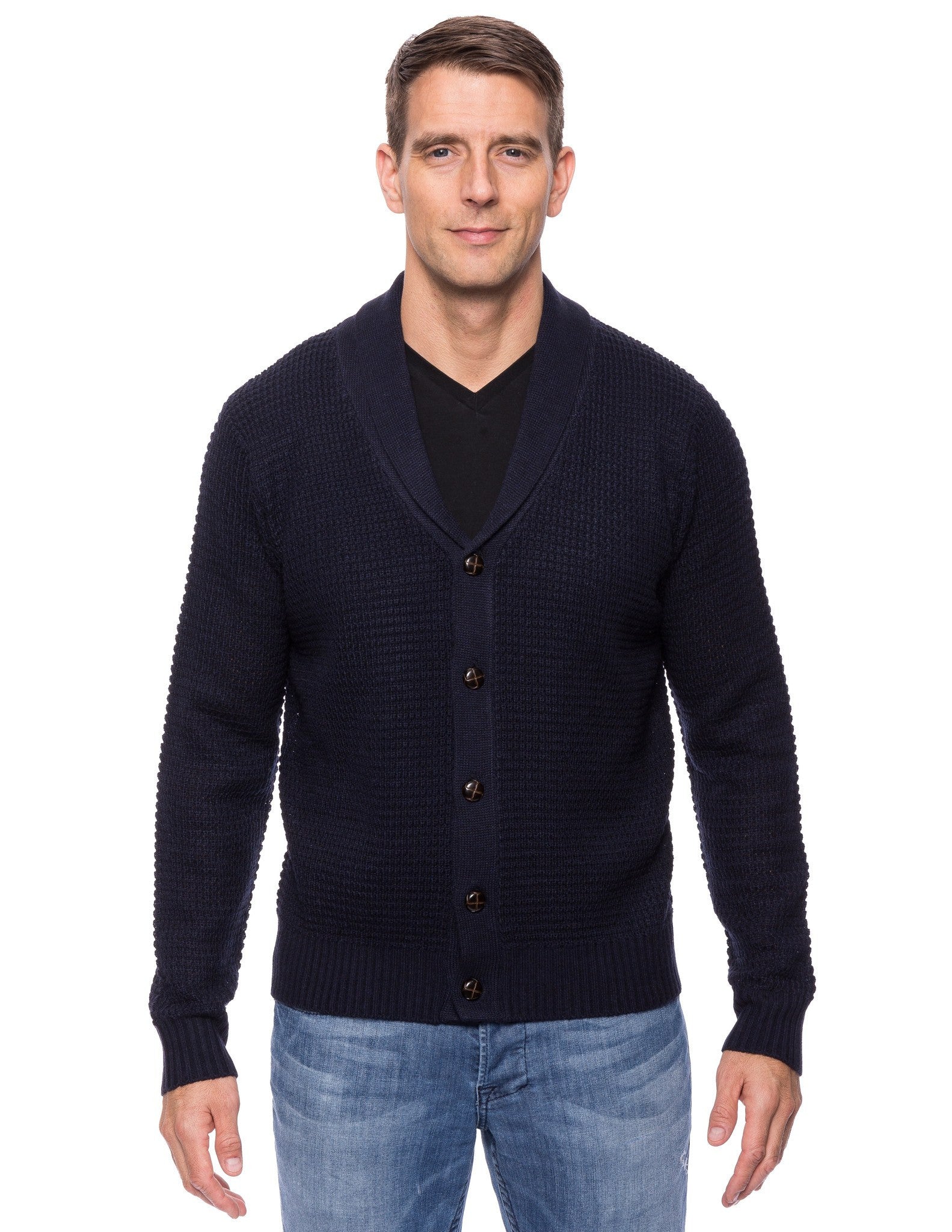 Box-Packaged Tocco Reale Men's Wool Blend Shawl Collar Cardigan in Waffle Stitch