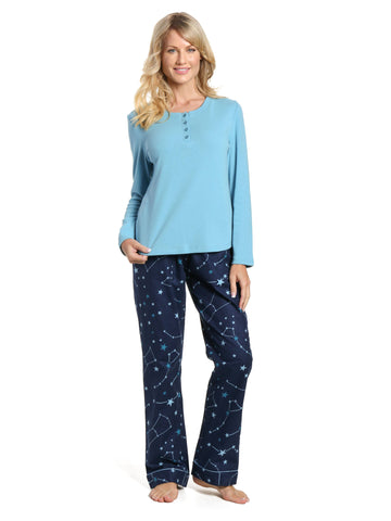 Womens Cotton Flannel Lounge Set with Henley Top